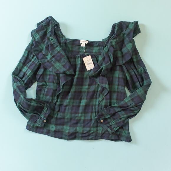 NEW J Crew Plaid Ruffle Shoulder Long Sleeve Peasant Blouse Size Medium - Picture 2 of 9